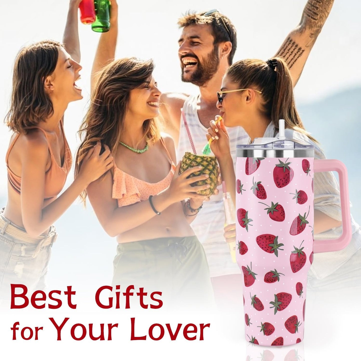 Floral Lemon Tumbler with Handle and Straw Lid 40 oz,Cute Spring Summer Gift for Women Men Lemon Leaves Vacuum Insulated Leak Proof Stainless Steel Coffee Cup Mug