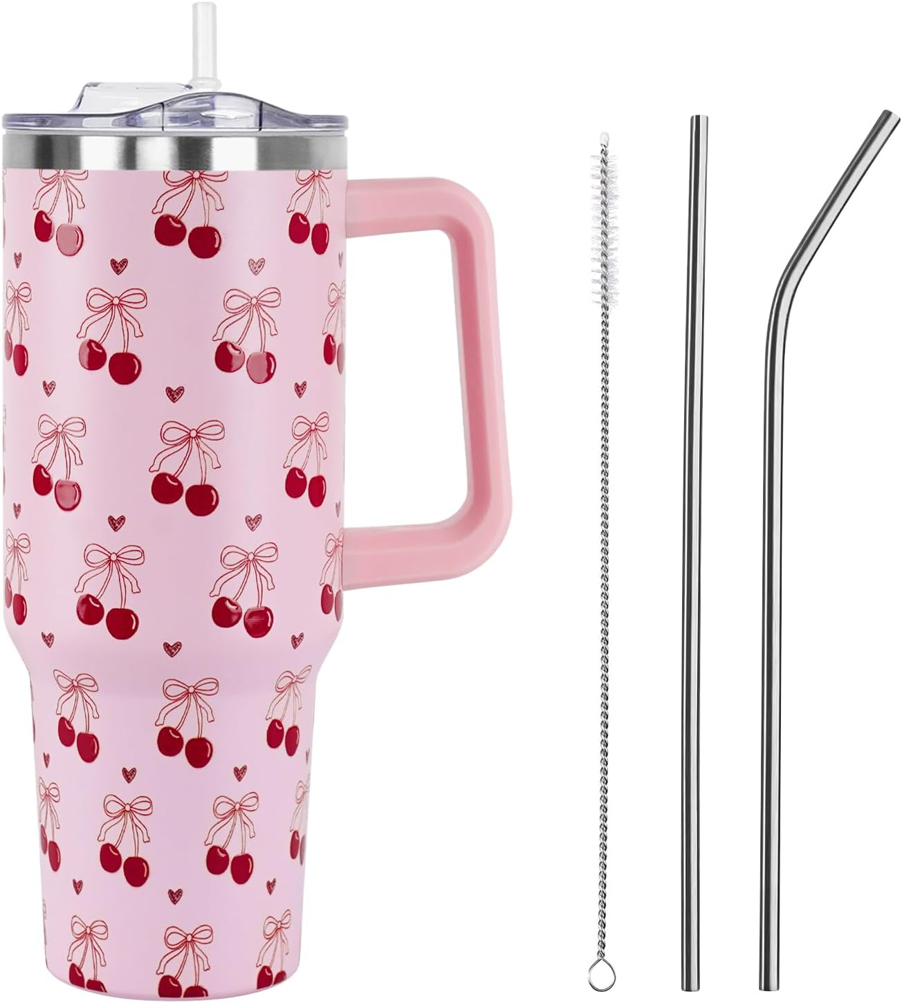 Floral Lemon Tumbler with Handle and Straw Lid 40 oz,Cute Spring Summer Gift for Women Men Lemon Leaves Vacuum Insulated Leak Proof Stainless Steel Coffee Cup Mug