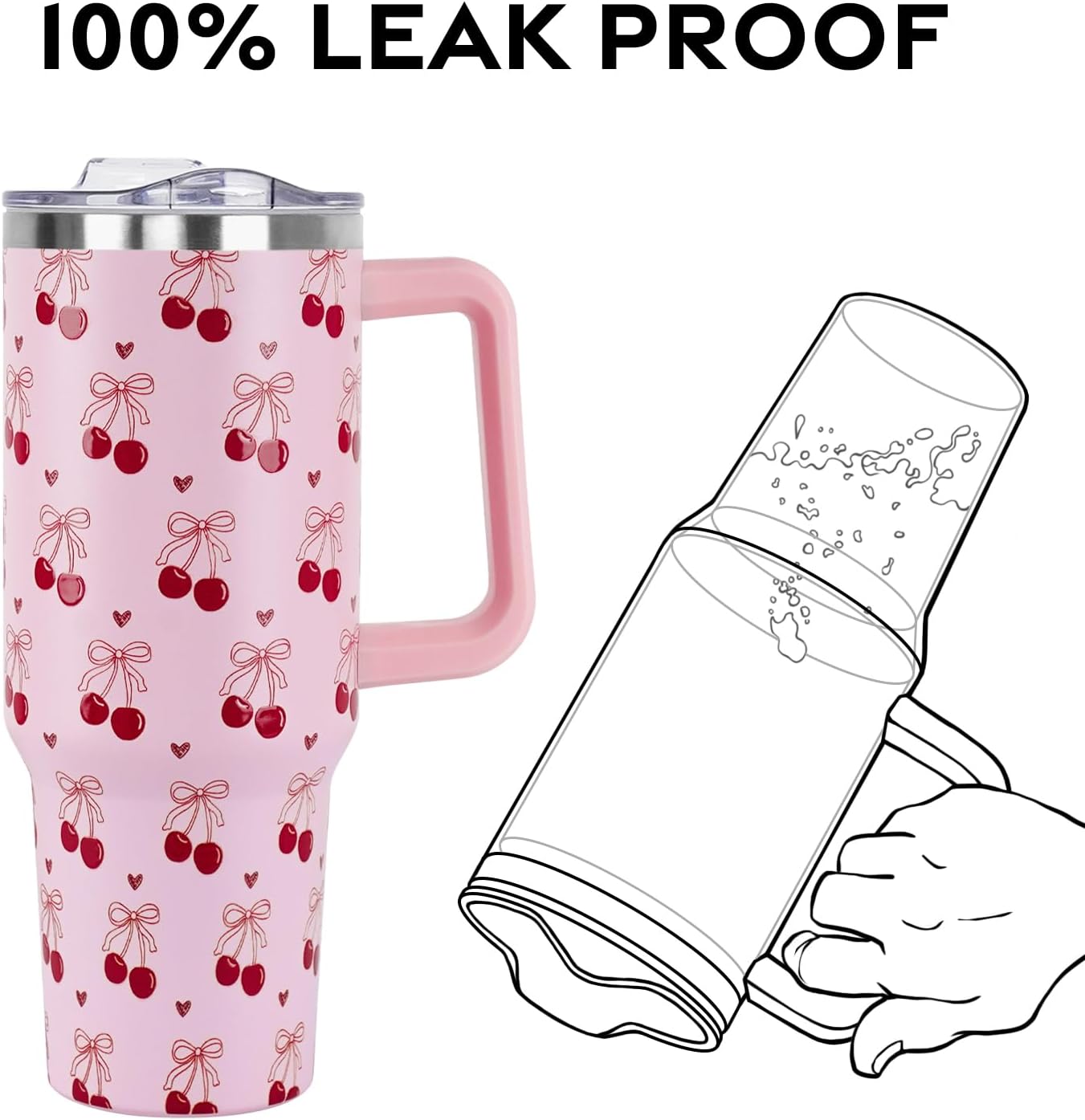 Floral Lemon Tumbler with Handle and Straw Lid 40 oz,Cute Spring Summer Gift for Women Men Lemon Leaves Vacuum Insulated Leak Proof Stainless Steel Coffee Cup Mug