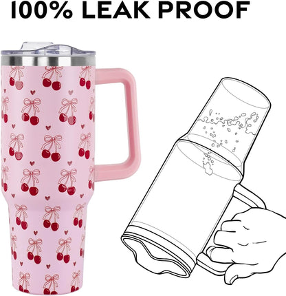 Floral Lemon Tumbler with Handle and Straw Lid 40 oz,Cute Spring Summer Gift for Women Men Lemon Leaves Vacuum Insulated Leak Proof Stainless Steel Coffee Cup Mug
