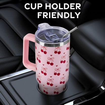 Floral Lemon Tumbler with Handle and Straw Lid 40 oz,Cute Spring Summer Gift for Women Men Lemon Leaves Vacuum Insulated Leak Proof Stainless Steel Coffee Cup Mug