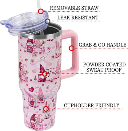 Floral Lemon Tumbler with Handle and Straw Lid 40 oz,Cute Spring Summer Gift for Women Men Lemon Leaves Vacuum Insulated Leak Proof Stainless Steel Coffee Cup Mug
