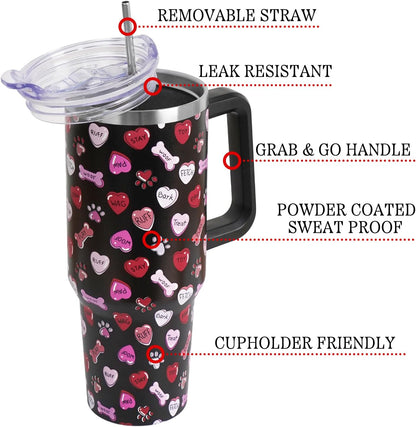 Floral Lemon Tumbler with Handle and Straw Lid 40 oz,Cute Spring Summer Gift for Women Men Lemon Leaves Vacuum Insulated Leak Proof Stainless Steel Coffee Cup Mug