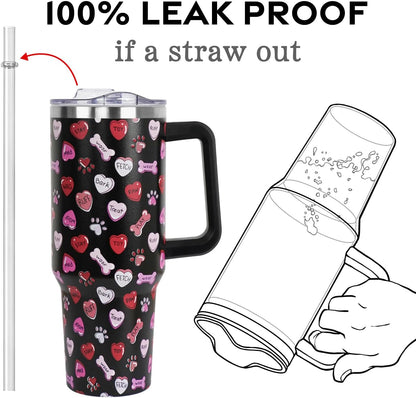Floral Lemon Tumbler with Handle and Straw Lid 40 oz,Cute Spring Summer Gift for Women Men Lemon Leaves Vacuum Insulated Leak Proof Stainless Steel Coffee Cup Mug