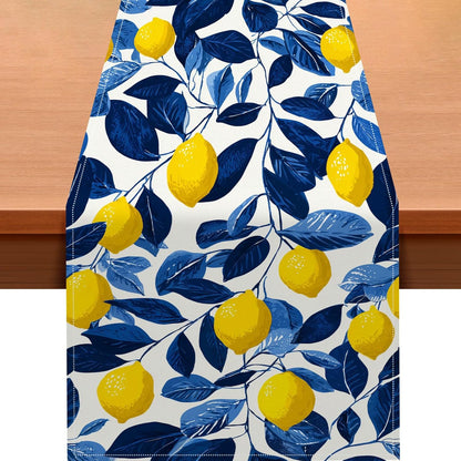 Lemon Blue Leaf Table Runner 13x72 Inch Burlap Farmhouse Dining Table Decor Yellow Lemon and Blue Leaf Pattern on White Background Kitchen and Home Decoration for Summer Fresh Gatherings