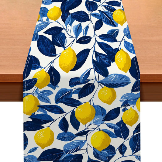 Lemon Blue Leaf Table Runner 13x72 Inch Burlap Farmhouse Dining Table Decor Yellow Lemon and Blue Leaf Pattern on White Background Kitchen and Home Decoration for Summer Fresh Gatherings