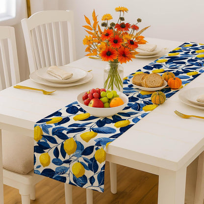 Lemon Blue Leaf Table Runner 13x72 Inch Burlap Farmhouse Dining Table Decor Yellow Lemon and Blue Leaf Pattern on White Background Kitchen and Home Decoration for Summer Fresh Gatherings