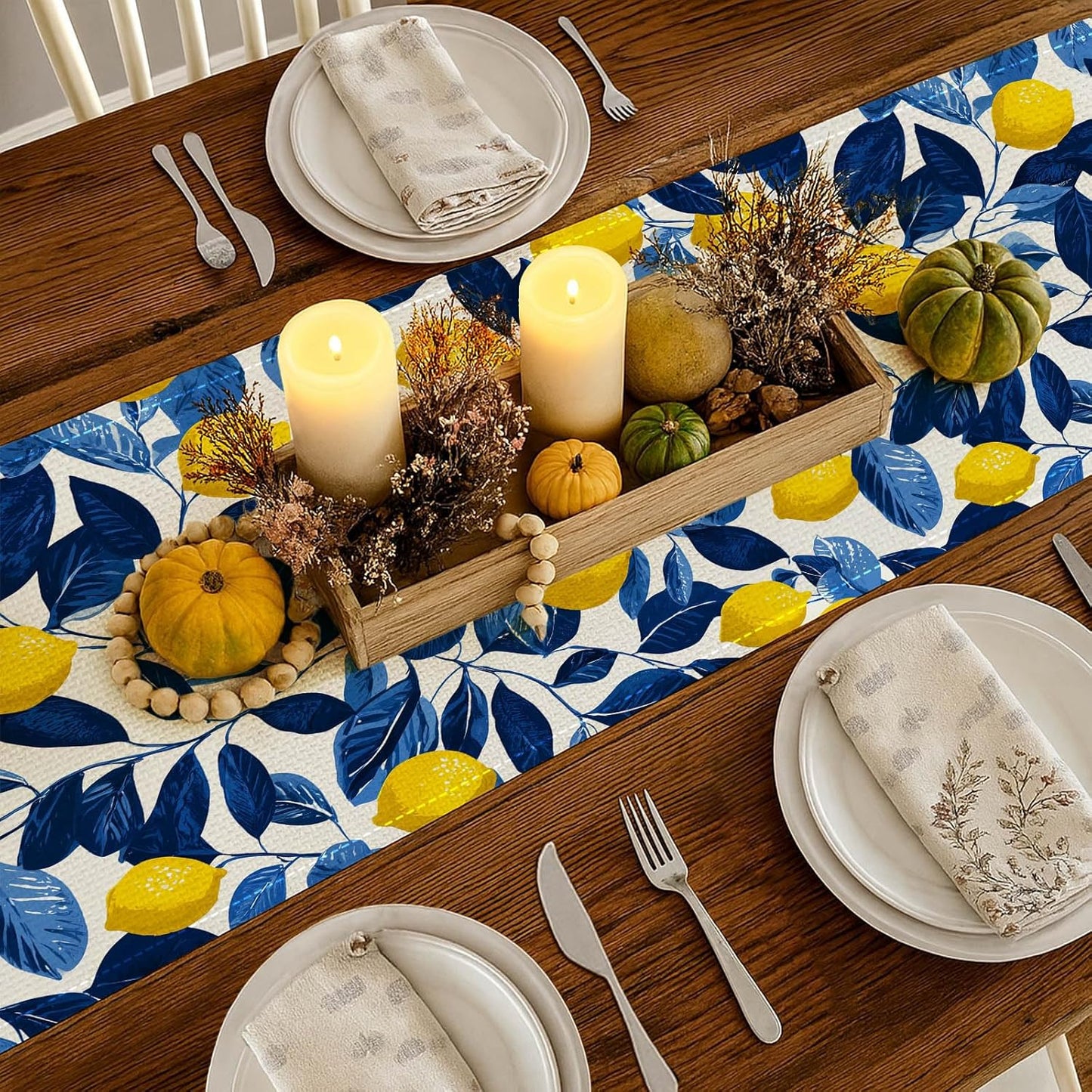 Lemon Blue Leaf Table Runner 13x72 Inch Burlap Farmhouse Dining Table Decor Yellow Lemon and Blue Leaf Pattern on White Background Kitchen and Home Decoration for Summer Fresh Gatherings