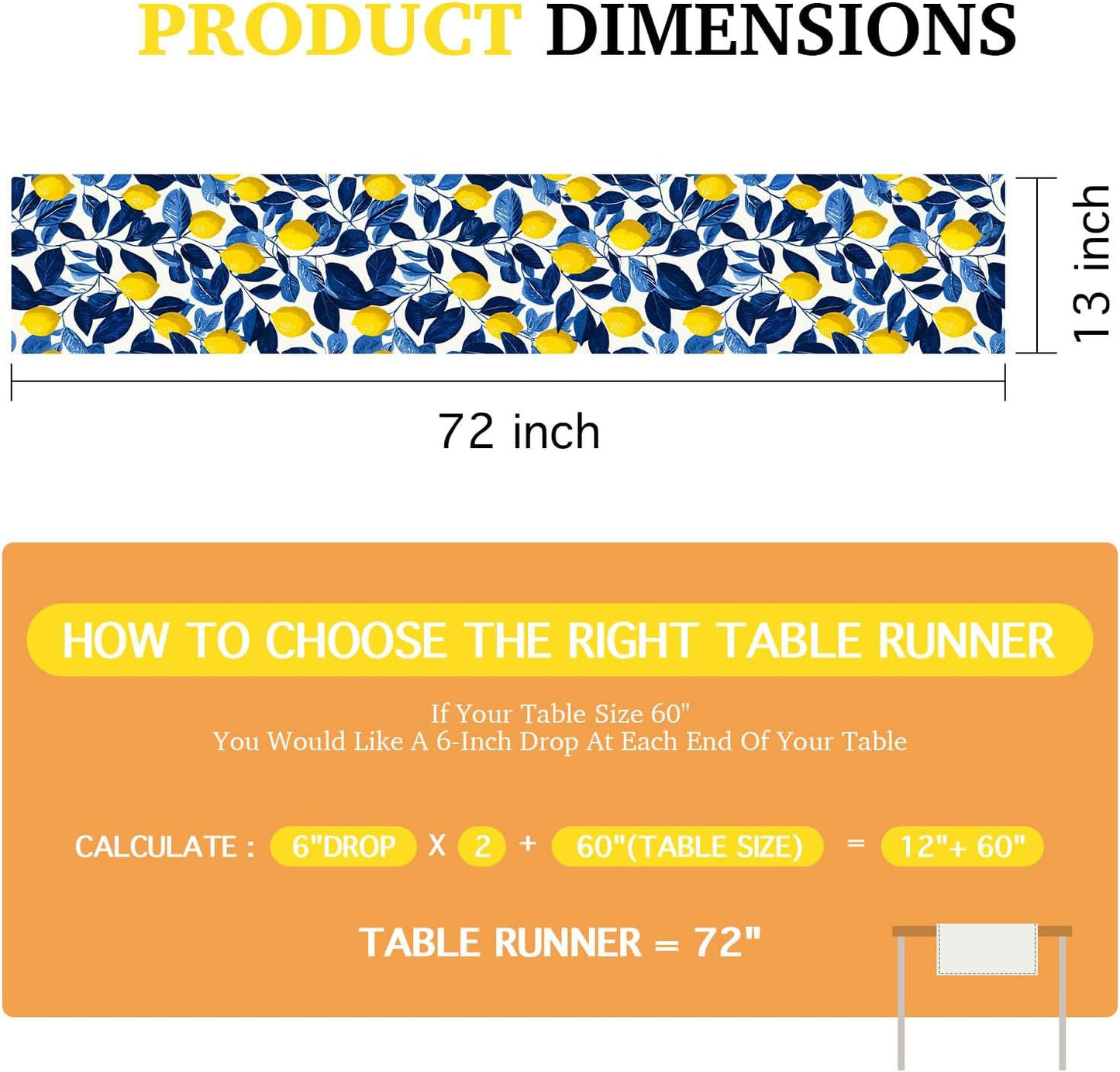 Lemon Blue Leaf Table Runner 13x72 Inch Burlap Farmhouse Dining Table Decor Yellow Lemon and Blue Leaf Pattern on White Background Kitchen and Home Decoration for Summer Fresh Gatherings