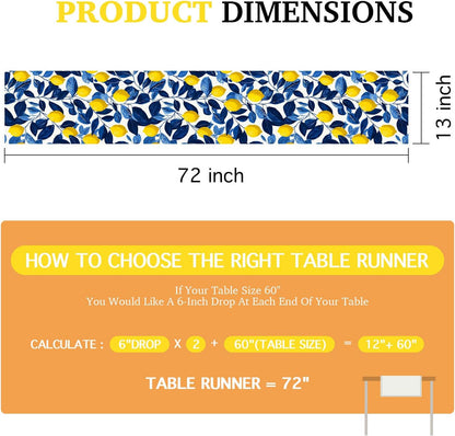 Lemon Blue Leaf Table Runner 13x72 Inch Burlap Farmhouse Dining Table Decor Yellow Lemon and Blue Leaf Pattern on White Background Kitchen and Home Decoration for Summer Fresh Gatherings