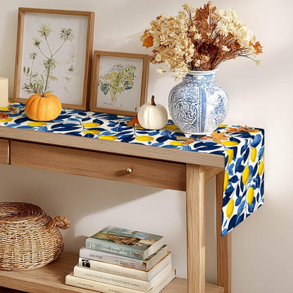 Lemon Blue Leaf Table Runner 13x72 Inch Burlap Farmhouse Dining Table Decor Yellow Lemon and Blue Leaf Pattern on White Background Kitchen and Home Decoration for Summer Fresh Gatherings
