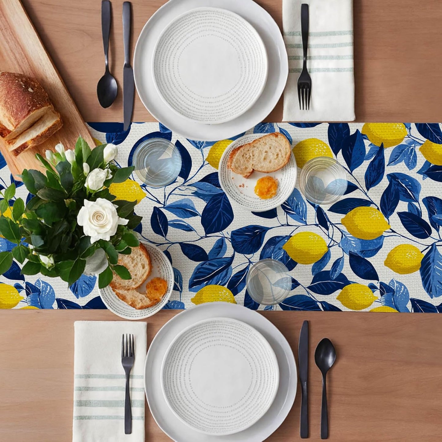 Lemon Blue Leaf Table Runner 13x72 Inch Burlap Farmhouse Dining Table Decor Yellow Lemon and Blue Leaf Pattern on White Background Kitchen and Home Decoration for Summer Fresh Gatherings