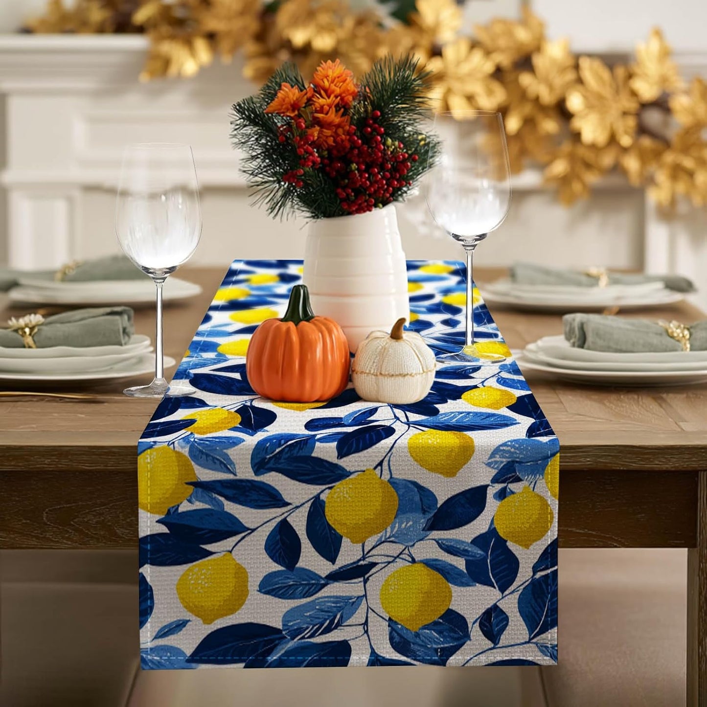 Lemon Blue Leaf Table Runner 13x72 Inch Burlap Farmhouse Dining Table Decor Yellow Lemon and Blue Leaf Pattern on White Background Kitchen and Home Decoration for Summer Fresh Gatherings