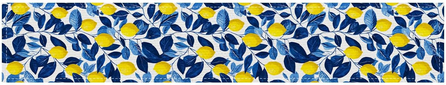 Lemon Blue Leaf Table Runner 13x72 Inch Burlap Farmhouse Dining Table Decor Yellow Lemon and Blue Leaf Pattern on White Background Kitchen and Home Decoration for Summer Fresh Gatherings