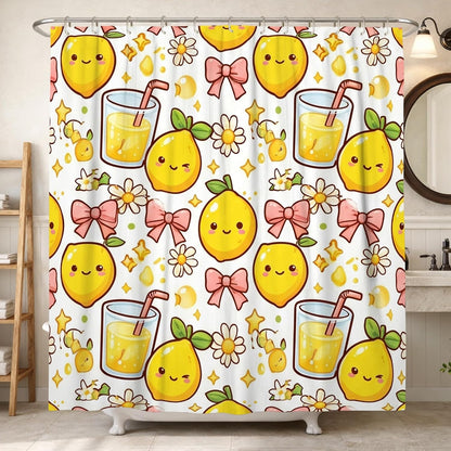 Lemon Shower Curtain, Summer Playful Chrysanthemum Bow Summer Yellow Waterproof Fabric Clawfoot Tub Shower Curtains for Bathroom Toile Guest Room Decor 72x72 Inch