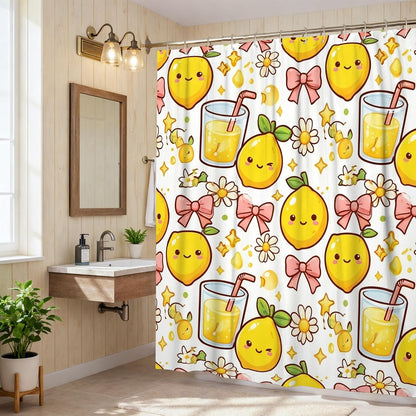 Lemon Shower Curtain, Summer Playful Chrysanthemum Bow Summer Yellow Waterproof Fabric Clawfoot Tub Shower Curtains for Bathroom Toile Guest Room Decor 72x72 Inch