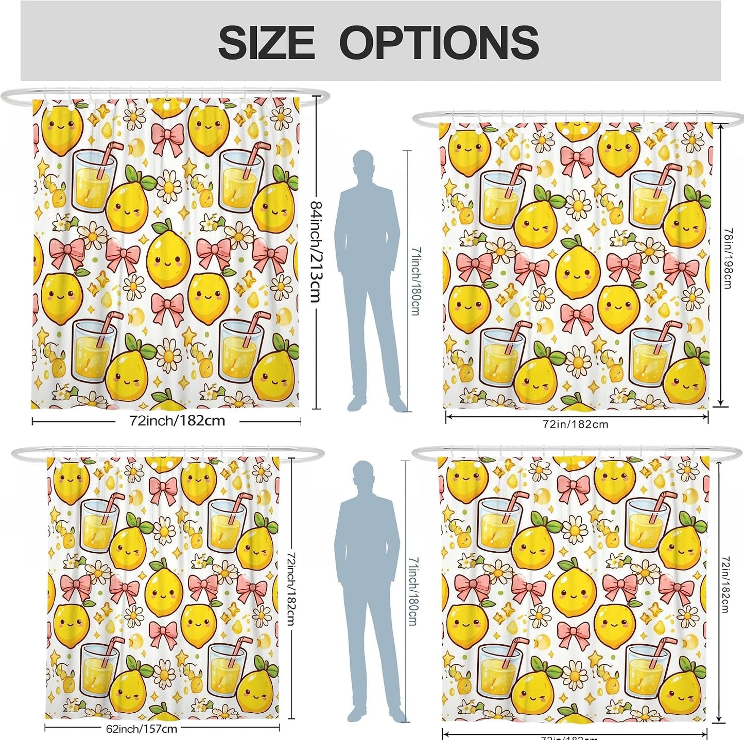 Lemon Shower Curtain, Summer Playful Chrysanthemum Bow Summer Yellow Waterproof Fabric Clawfoot Tub Shower Curtains for Bathroom Toile Guest Room Decor 72x72 Inch