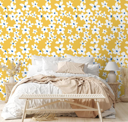 Yellow Peel and Stick Wallpaper Floral Yellow/White/Blue Removable Wall Paper for Bedroom Bathroom Textured Stick on Contact Paper 17.7in x 9.8ft