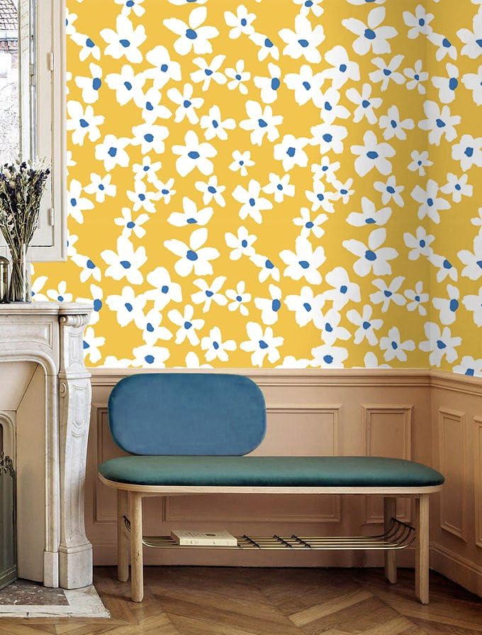 Yellow Peel and Stick Wallpaper Floral Yellow/White/Blue Removable Wall Paper for Bedroom Bathroom Textured Stick on Contact Paper 17.7in x 9.8ft