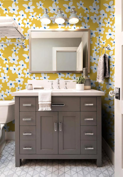 Yellow Peel and Stick Wallpaper Floral Yellow/White/Blue Removable Wall Paper for Bedroom Bathroom Textured Stick on Contact Paper 17.7in x 9.8ft