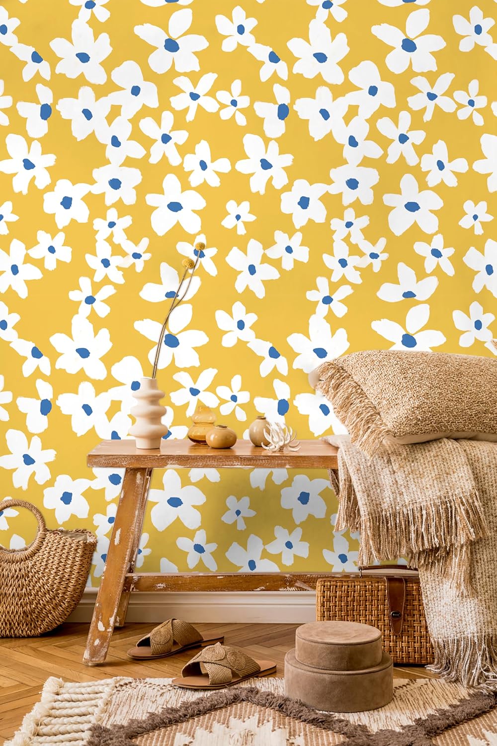Yellow Peel and Stick Wallpaper Floral Yellow/White/Blue Removable Wall Paper for Bedroom Bathroom Textured Stick on Contact Paper 17.7in x 9.8ft