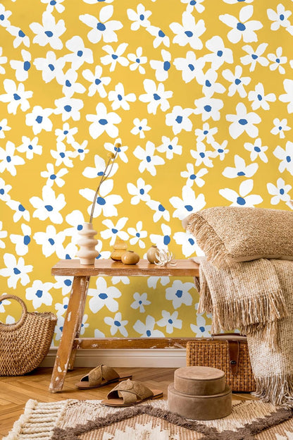 Yellow Peel and Stick Wallpaper Floral Yellow/White/Blue Removable Wall Paper for Bedroom Bathroom Textured Stick on Contact Paper 17.7in x 9.8ft