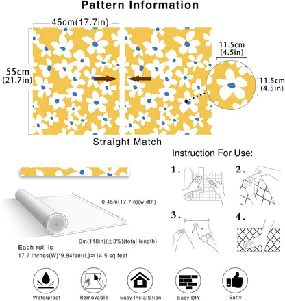 Yellow Peel and Stick Wallpaper Floral Yellow/White/Blue Removable Wall Paper for Bedroom Bathroom Textured Stick on Contact Paper 17.7in x 9.8ft