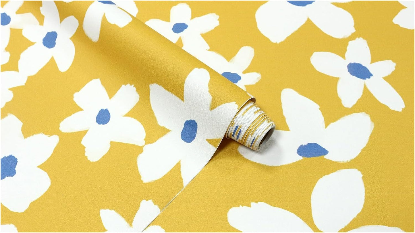 Yellow Peel and Stick Wallpaper Floral Yellow/White/Blue Removable Wall Paper for Bedroom Bathroom Textured Stick on Contact Paper 17.7in x 9.8ft