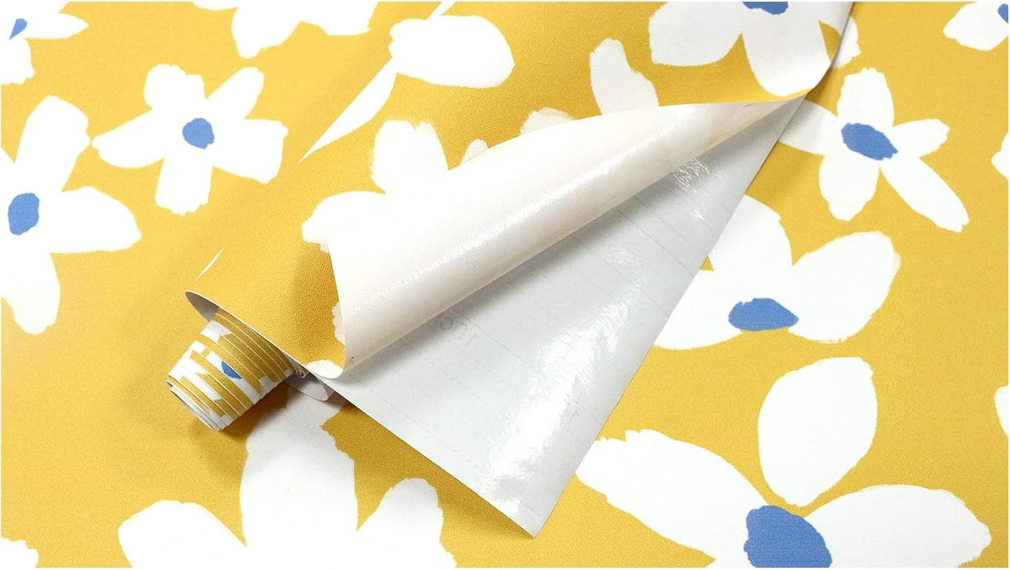 Yellow Peel and Stick Wallpaper Floral Yellow/White/Blue Removable Wall Paper for Bedroom Bathroom Textured Stick on Contact Paper 17.7in x 9.8ft