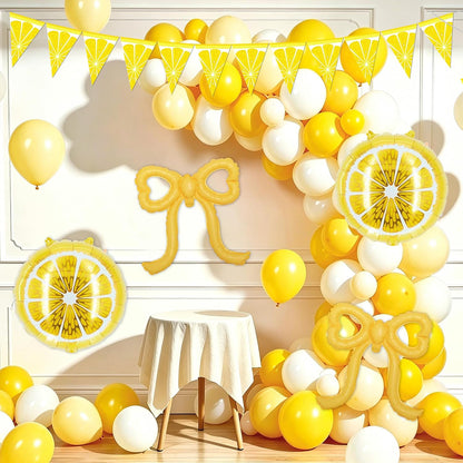 Yellow Lemonade Balloons Arch Kit, 130pcs Summer Lemon Party Supplies | Round Lemon Bow Foil Latex Balloon, Pennants Banner, Baby Shower Birthday Bachelorette Decorations for Women Girls