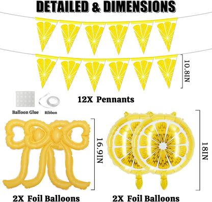 Yellow Lemonade Balloons Arch Kit, 130pcs Summer Lemon Party Supplies | Round Lemon Bow Foil Latex Balloon, Pennants Banner, Baby Shower Birthday Bachelorette Decorations for Women Girls