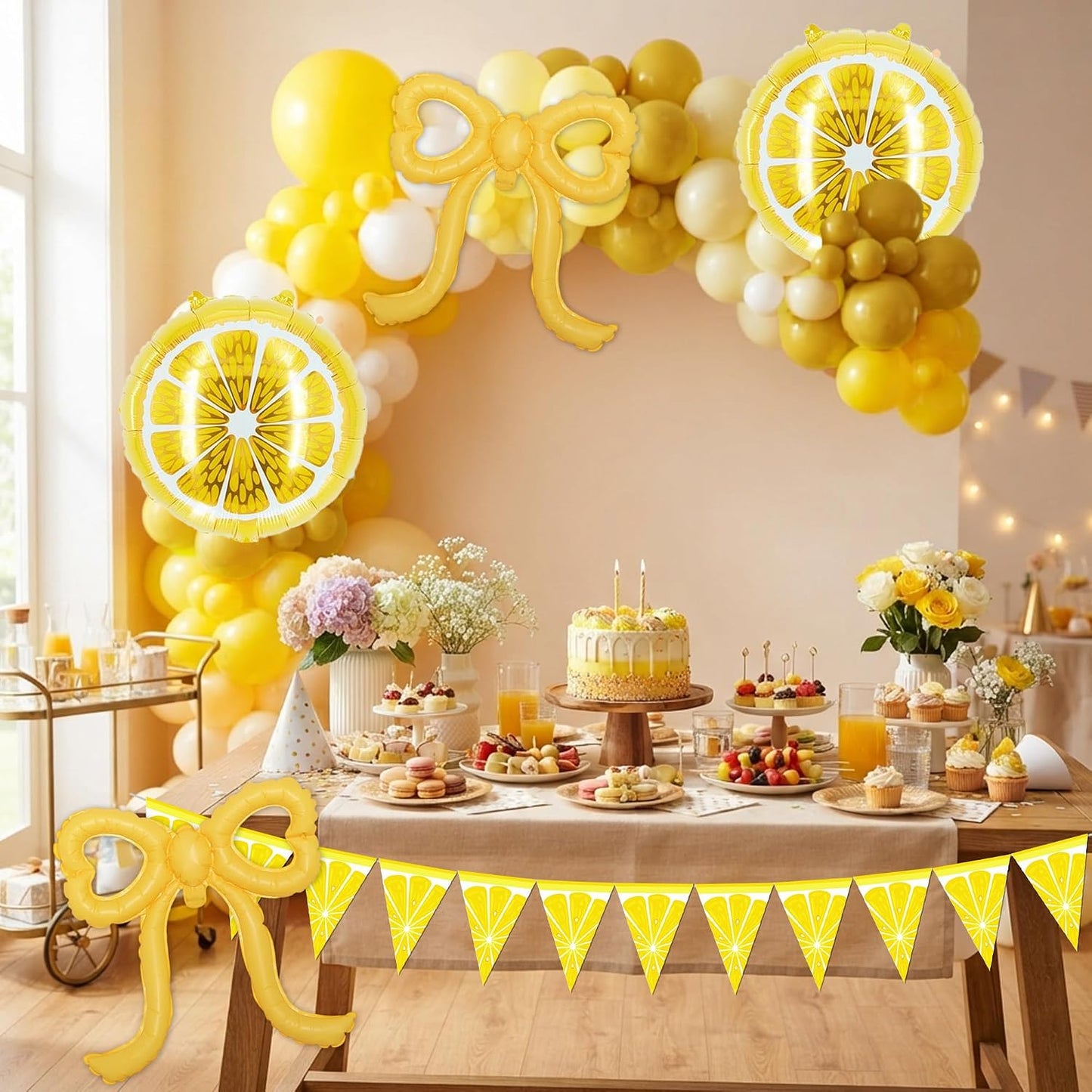 Yellow Lemonade Balloons Arch Kit, 130pcs Summer Lemon Party Supplies | Round Lemon Bow Foil Latex Balloon, Pennants Banner, Baby Shower Birthday Bachelorette Decorations for Women Girls