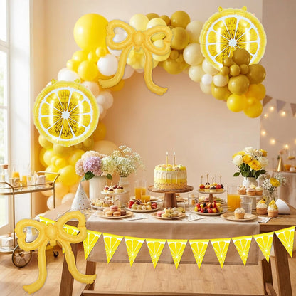 Yellow Lemonade Balloons Arch Kit, 130pcs Summer Lemon Party Supplies | Round Lemon Bow Foil Latex Balloon, Pennants Banner, Baby Shower Birthday Bachelorette Decorations for Women Girls