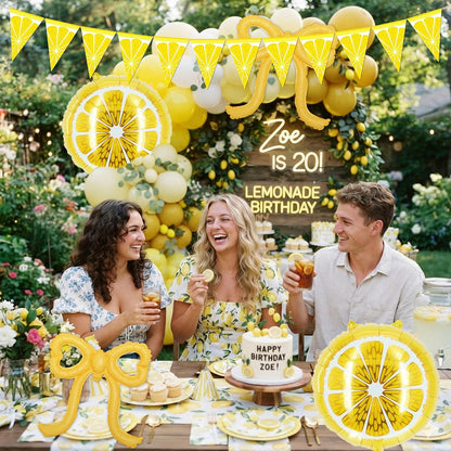 Yellow Lemonade Balloons Arch Kit, 130pcs Summer Lemon Party Supplies | Round Lemon Bow Foil Latex Balloon, Pennants Banner, Baby Shower Birthday Bachelorette Decorations for Women Girls