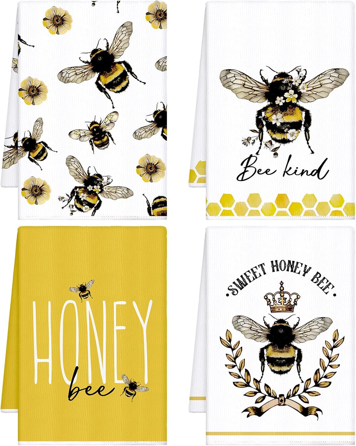 4 Pcs Summer Bee Kitchen Tea Towel 16 x 24 Inch Honey Bee Dish Towels Honeycomb Bath Washcloth Hand Polyester Absorbent Cloths Accessories for Kitchen Decor(Yellow, White,Honey)