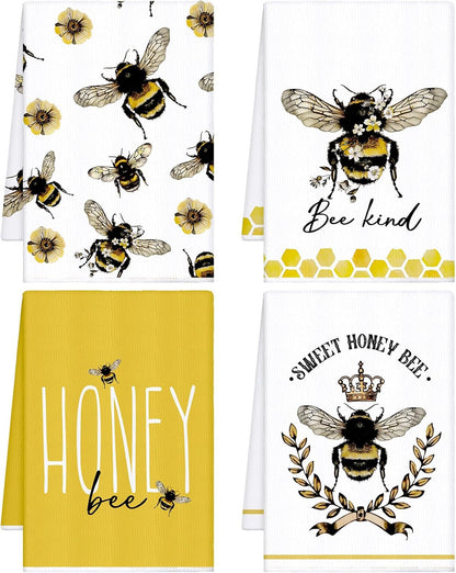 4 Pcs Summer Bee Kitchen Tea Towel 16 x 24 Inch Honey Bee Dish Towels Honeycomb Bath Washcloth Hand Polyester Absorbent Cloths Accessories for Kitchen Decor(Yellow, White,Honey)