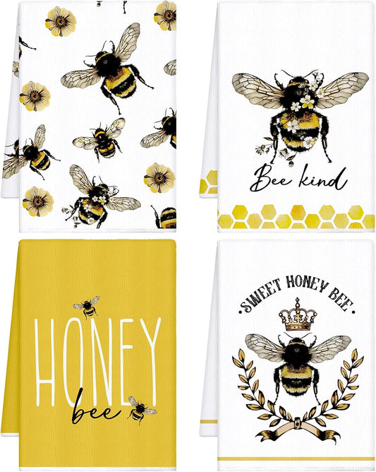 4 Pcs Summer Bee Kitchen Tea Towel 16 x 24 Inch Honey Bee Dish Towels Honeycomb Bath Washcloth Hand Polyester Absorbent Cloths Accessories for Kitchen Decor(Yellow, White,Honey)