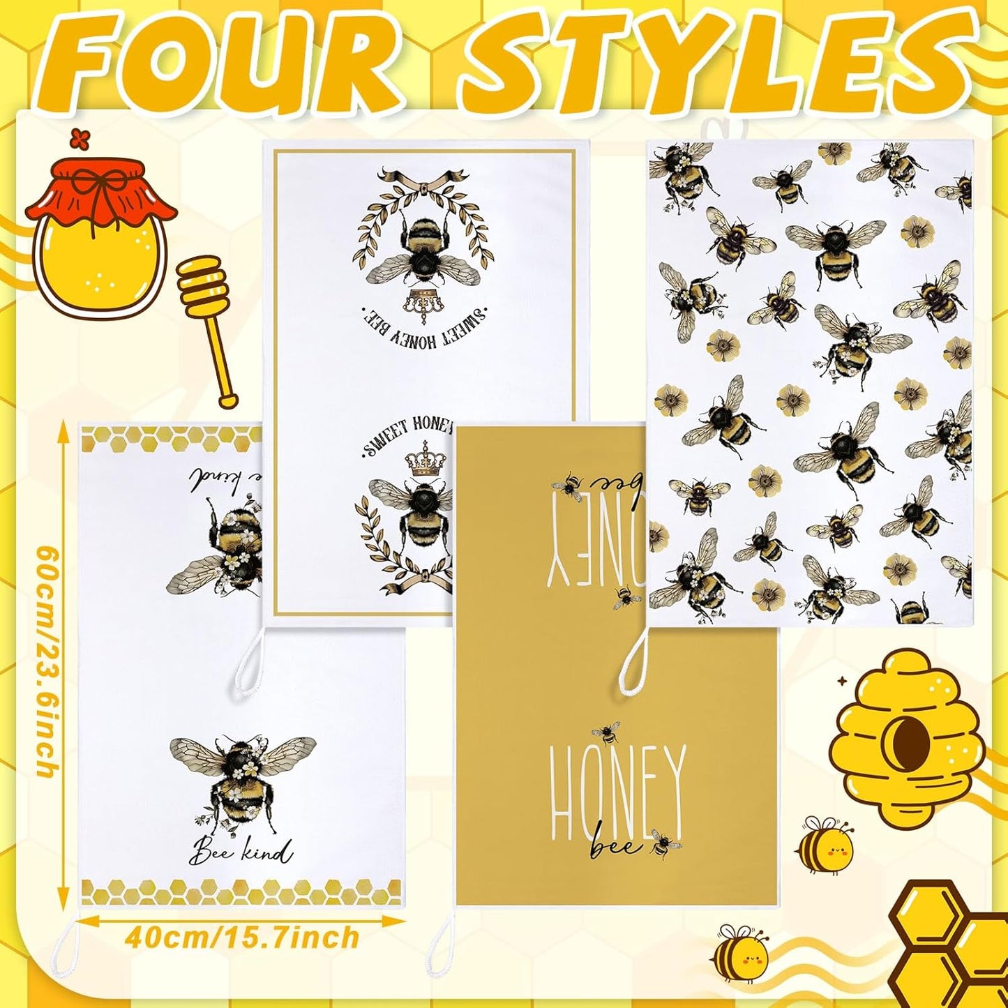 4 Pcs Summer Bee Kitchen Tea Towel 16 x 24 Inch Honey Bee Dish Towels Honeycomb Bath Washcloth Hand Polyester Absorbent Cloths Accessories for Kitchen Decor(Yellow, White,Honey)