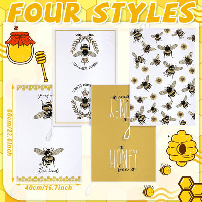 4 Pcs Summer Bee Kitchen Tea Towel 16 x 24 Inch Honey Bee Dish Towels Honeycomb Bath Washcloth Hand Polyester Absorbent Cloths Accessories for Kitchen Decor(Yellow, White,Honey)