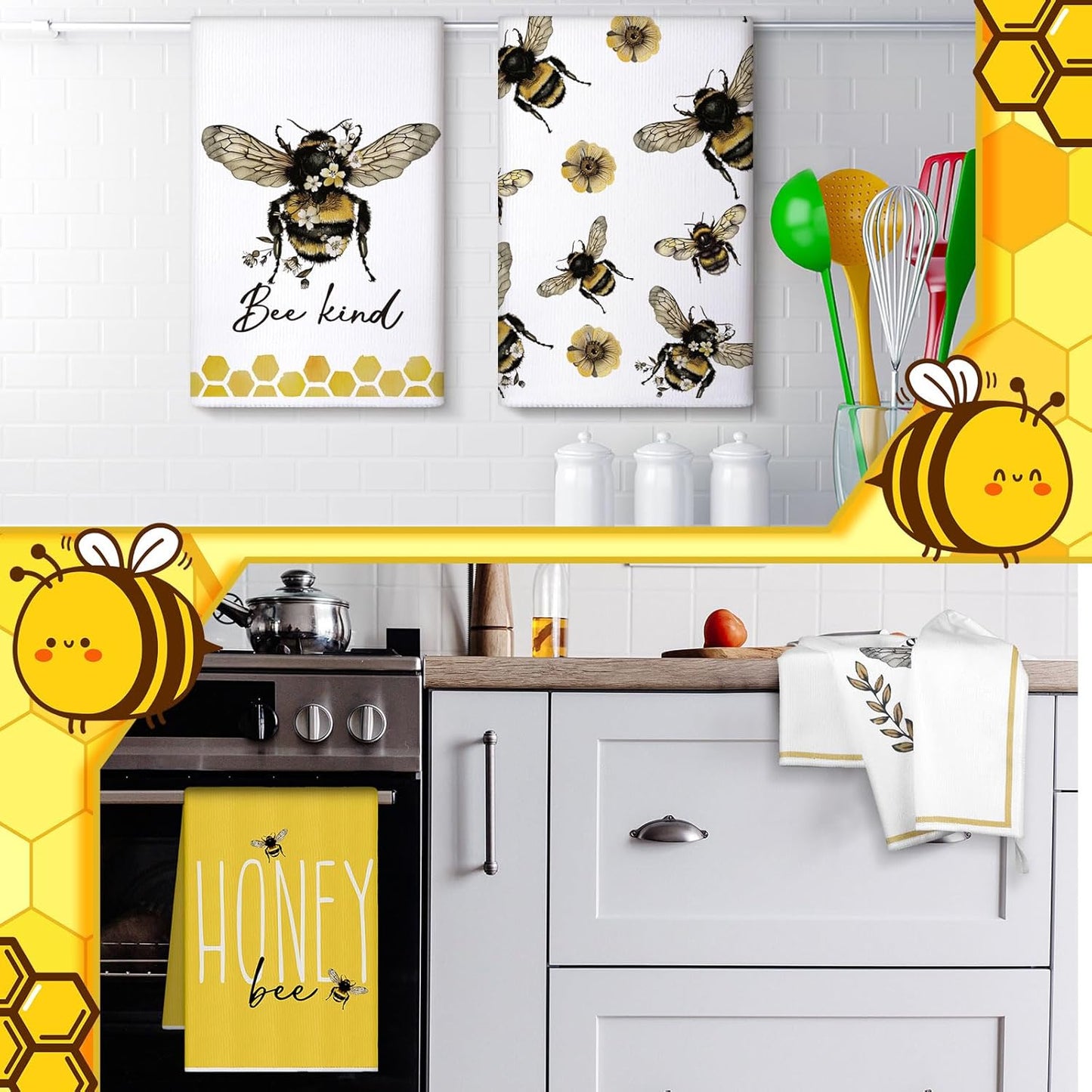 4 Pcs Summer Bee Kitchen Tea Towel 16 x 24 Inch Honey Bee Dish Towels Honeycomb Bath Washcloth Hand Polyester Absorbent Cloths Accessories for Kitchen Decor(Yellow, White,Honey)