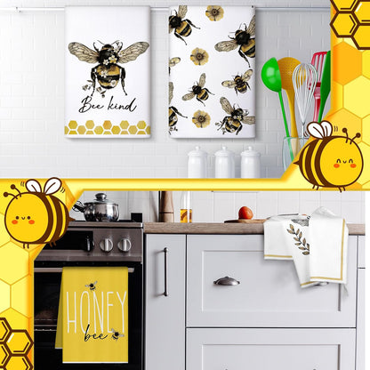 4 Pcs Summer Bee Kitchen Tea Towel 16 x 24 Inch Honey Bee Dish Towels Honeycomb Bath Washcloth Hand Polyester Absorbent Cloths Accessories for Kitchen Decor(Yellow, White,Honey)
