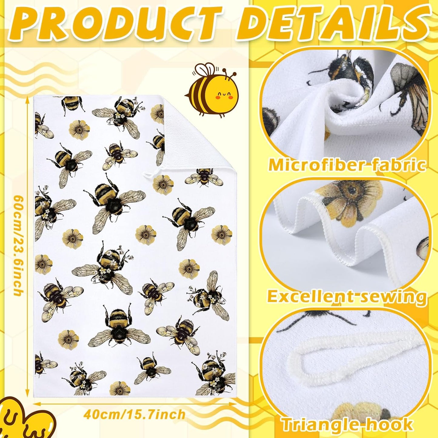 4 Pcs Summer Bee Kitchen Tea Towel 16 x 24 Inch Honey Bee Dish Towels Honeycomb Bath Washcloth Hand Polyester Absorbent Cloths Accessories for Kitchen Decor(Yellow, White,Honey)