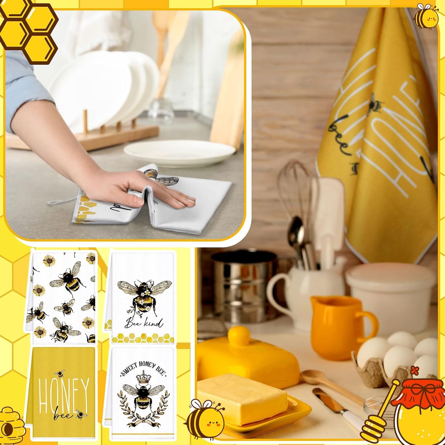 4 Pcs Summer Bee Kitchen Tea Towel 16 x 24 Inch Honey Bee Dish Towels Honeycomb Bath Washcloth Hand Polyester Absorbent Cloths Accessories for Kitchen Decor(Yellow, White,Honey)