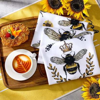 4 Pcs Summer Bee Kitchen Tea Towel 16 x 24 Inch Honey Bee Dish Towels Honeycomb Bath Washcloth Hand Polyester Absorbent Cloths Accessories for Kitchen Decor(Yellow, White,Honey)