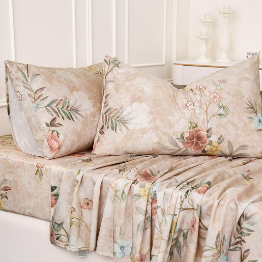 California King Size Sheet Set Light Brown Floral Bed Sheets 100% Cotton Satin Weave, Yellow Blue Flower Printed Chinoiserie Shabby Vintage Bed Set with Deep Pocket 17.5", Soft Breathable 4Pc