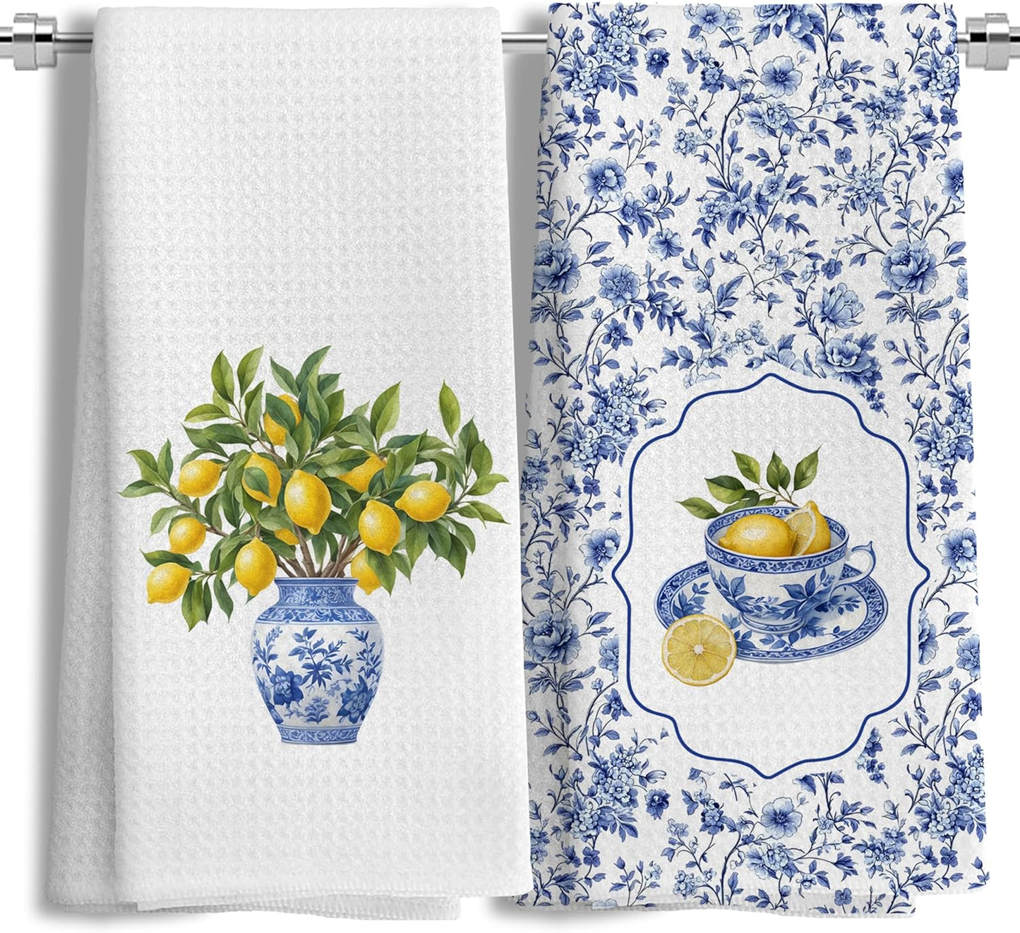 Lemon Kitchen Towels Set of 2, Blue and White Chinoiserie Summer Lemon Dish Tea Towels for Kitchen Decor, Chinoiserie Amalfi Coast Decor Hand Towels for Bathroom, 16x24 Inches