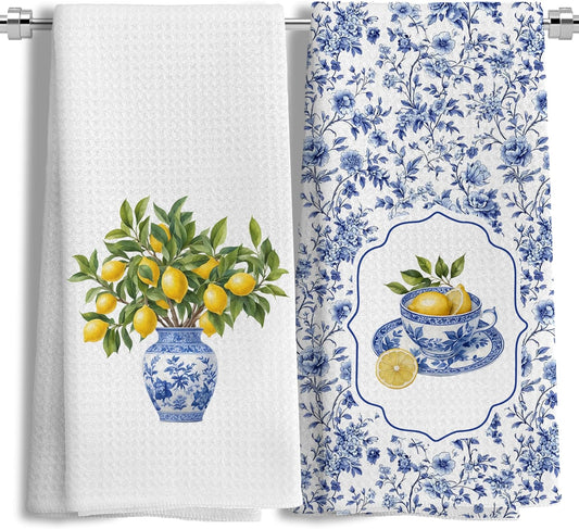 Lemon Kitchen Towels Set of 2, Blue and White Chinoiserie Summer Lemon Dish Tea Towels for Kitchen Decor, Chinoiserie Amalfi Coast Decor Hand Towels for Bathroom, 16x24 Inches