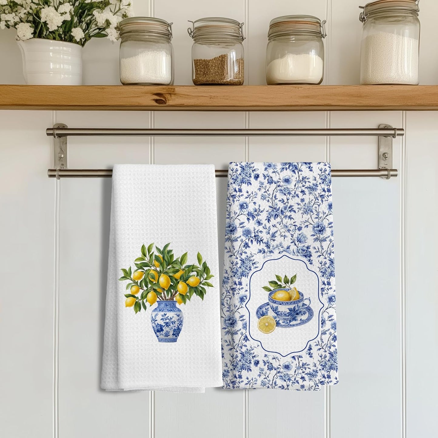 Lemon Kitchen Towels Set of 2, Blue and White Chinoiserie Summer Lemon Dish Tea Towels for Kitchen Decor, Chinoiserie Amalfi Coast Decor Hand Towels for Bathroom, 16x24 Inches
