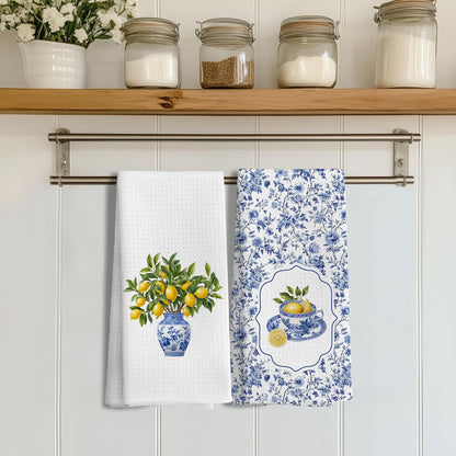 Lemon Kitchen Towels Set of 2, Blue and White Chinoiserie Summer Lemon Dish Tea Towels for Kitchen Decor, Chinoiserie Amalfi Coast Decor Hand Towels for Bathroom, 16x24 Inches