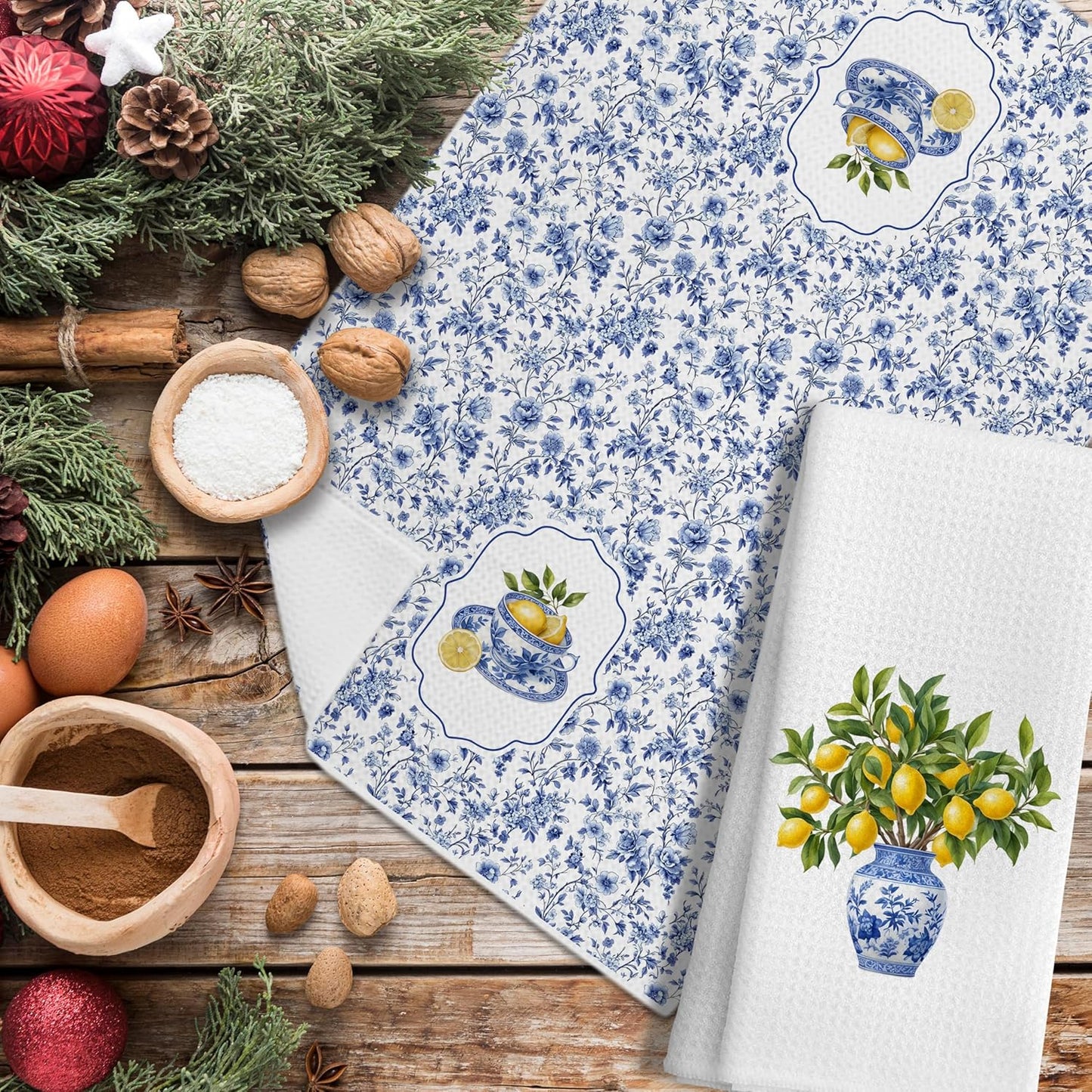 Lemon Kitchen Towels Set of 2, Blue and White Chinoiserie Summer Lemon Dish Tea Towels for Kitchen Decor, Chinoiserie Amalfi Coast Decor Hand Towels for Bathroom, 16x24 Inches